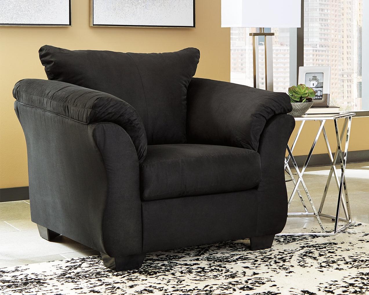 Front view of Darcy Cobblestone Microfiber Chair in living room setting
