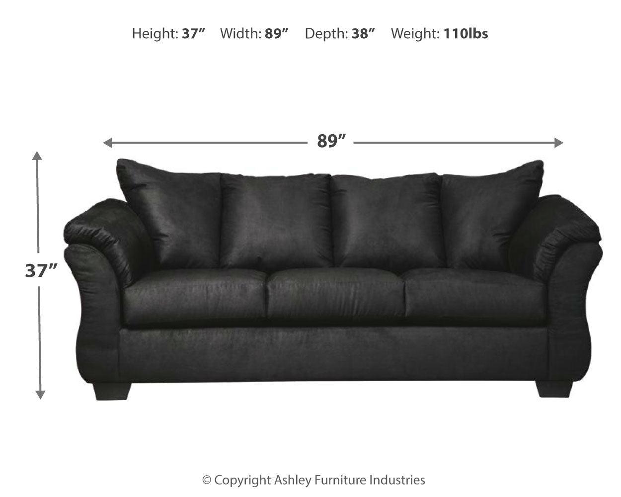 Darcy Black Microfiber Sofa with dimensions overlay