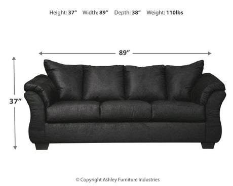 Darcy Black Microfiber Sofa with dimensions overlay