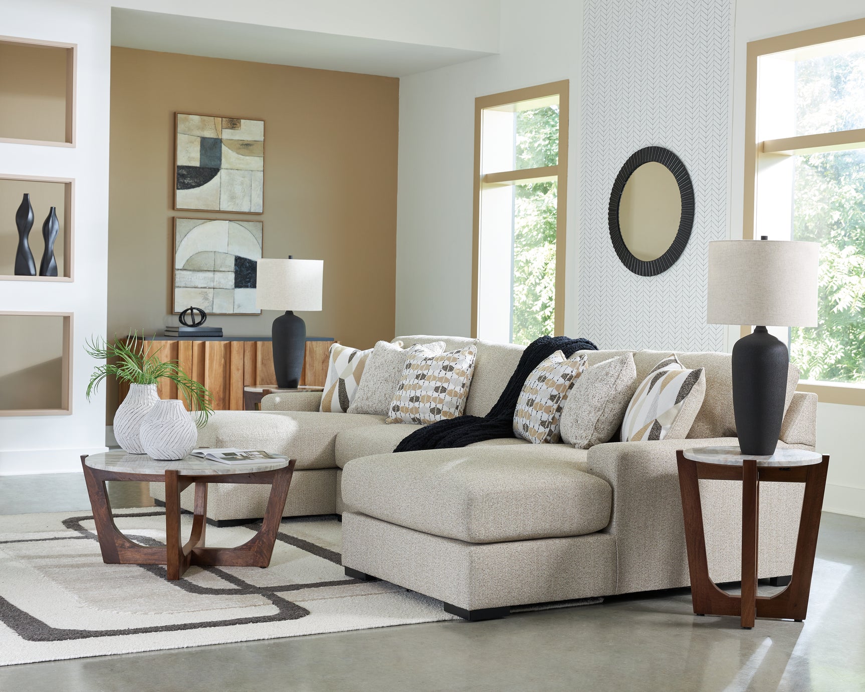 Close-up detail of Laurelgrove pebble chenille sectional fabric and cushions