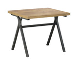 Close-up of gunmetal trestle base and golden oak tabletop of Colmar table set