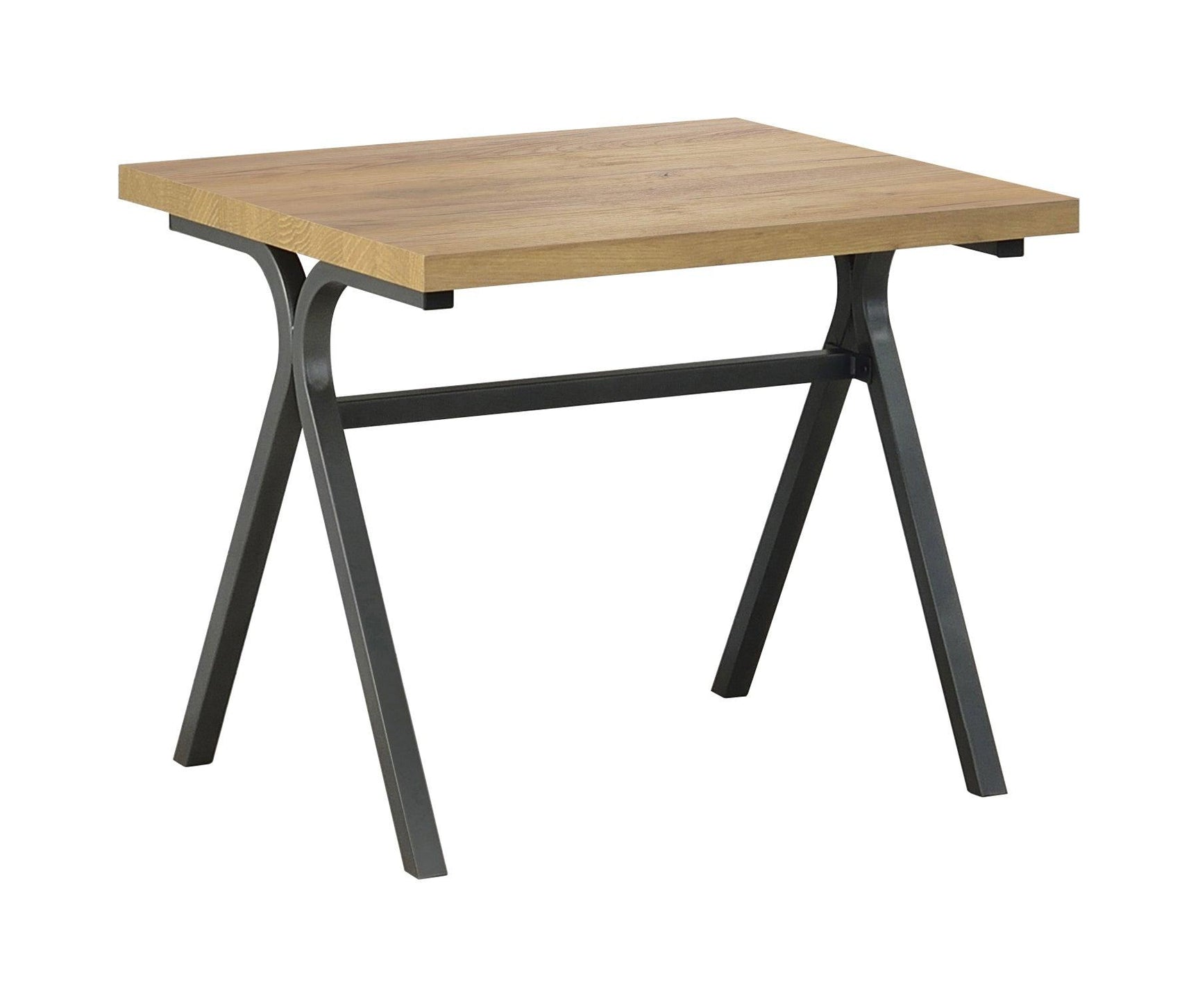 Close-up of gunmetal trestle base and golden oak tabletop of Colmar table set