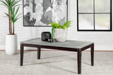 Mozzi coffee table with black legs and faux marble top side view