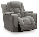 Mixed Motion Shadow Chenille / Faux Leather Power Recliner — angled view