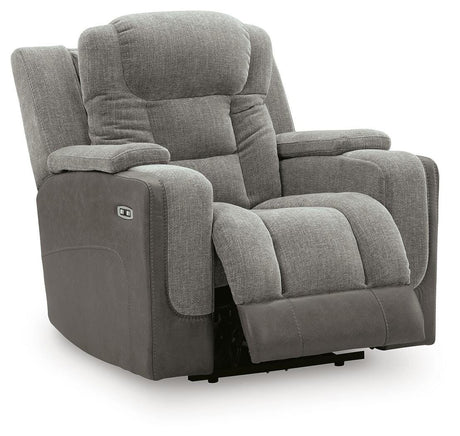 Mixed Motion Shadow Chenille / Faux Leather Power Recliner — angled view