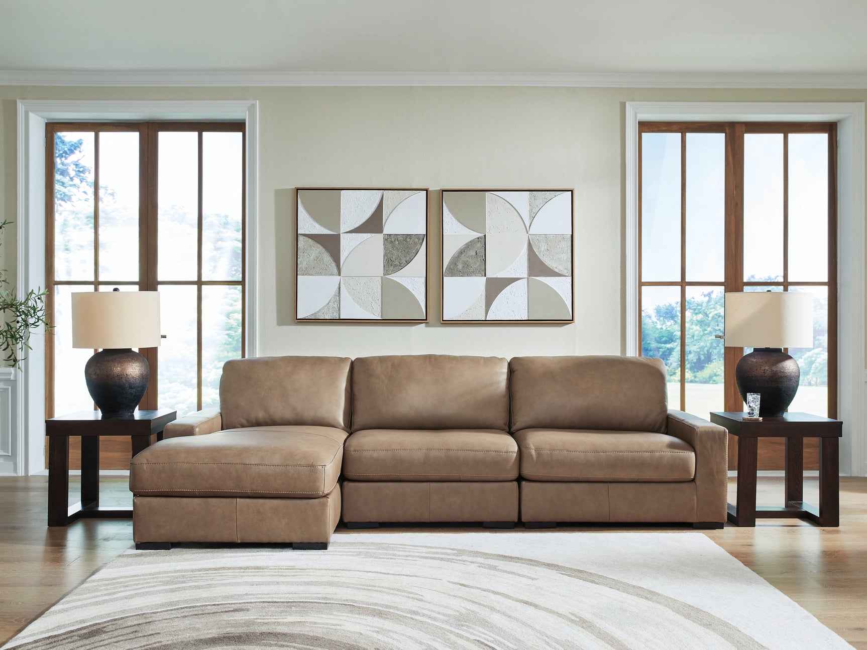 Side angle view of Veronella Sahara Leather sectional sofa with chaise