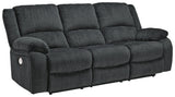 Draycoll Slate Chenille Power Reclining Sofa side angle with reclining seat extended