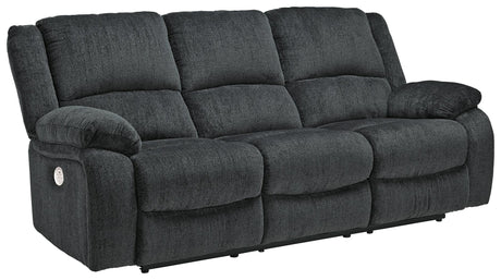 Draycoll Slate Chenille Power Reclining Sofa side angle with reclining seat extended