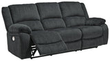 Draycoll Slate Chenille Power Reclining Sofa close up of soft chenille upholstery and padded armrest