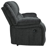 Draycoll Slate Chenille Reclining Sofa with pull tab recliner open