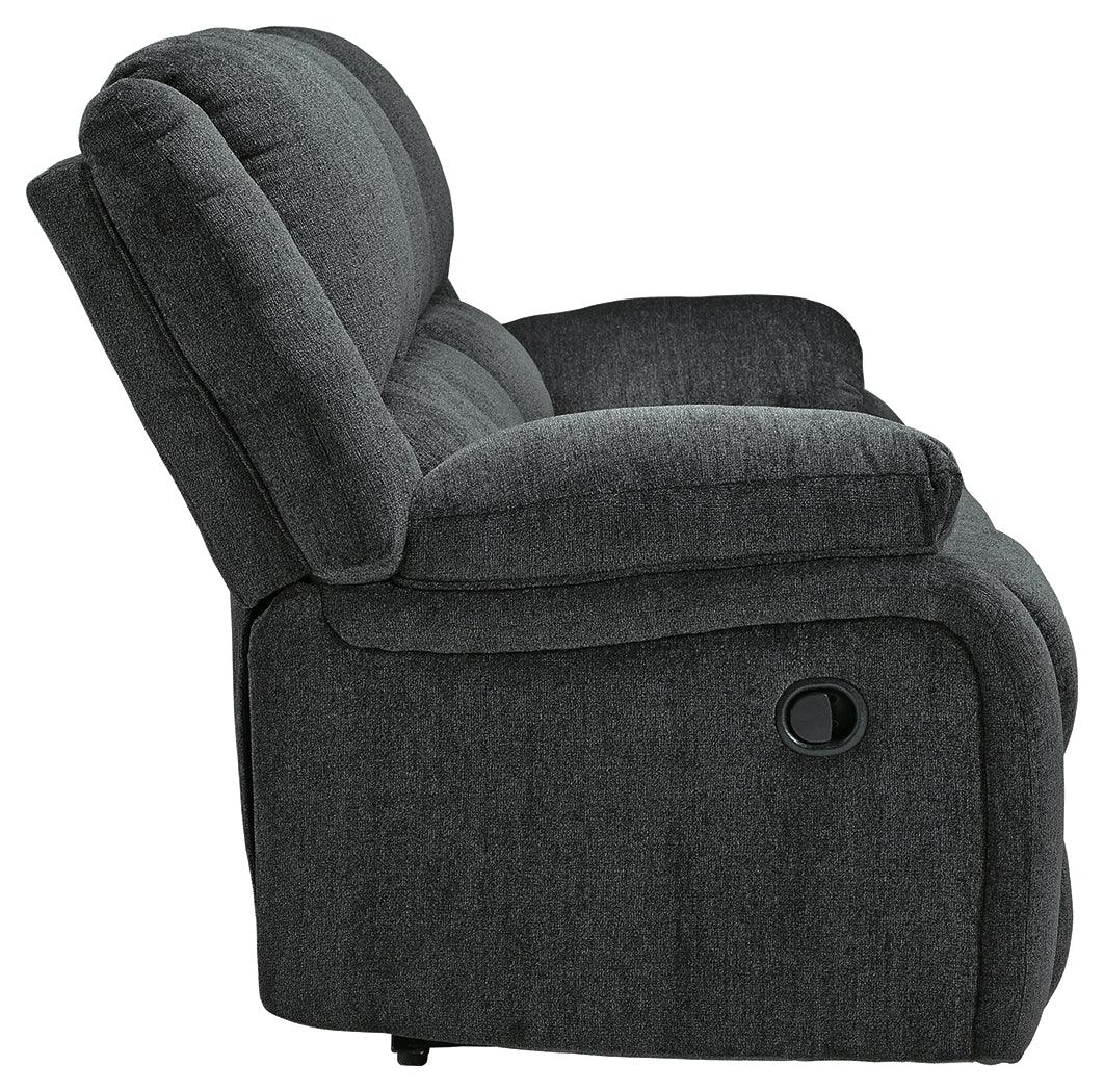 Draycoll Slate Chenille Reclining Sofa with pull tab recliner open