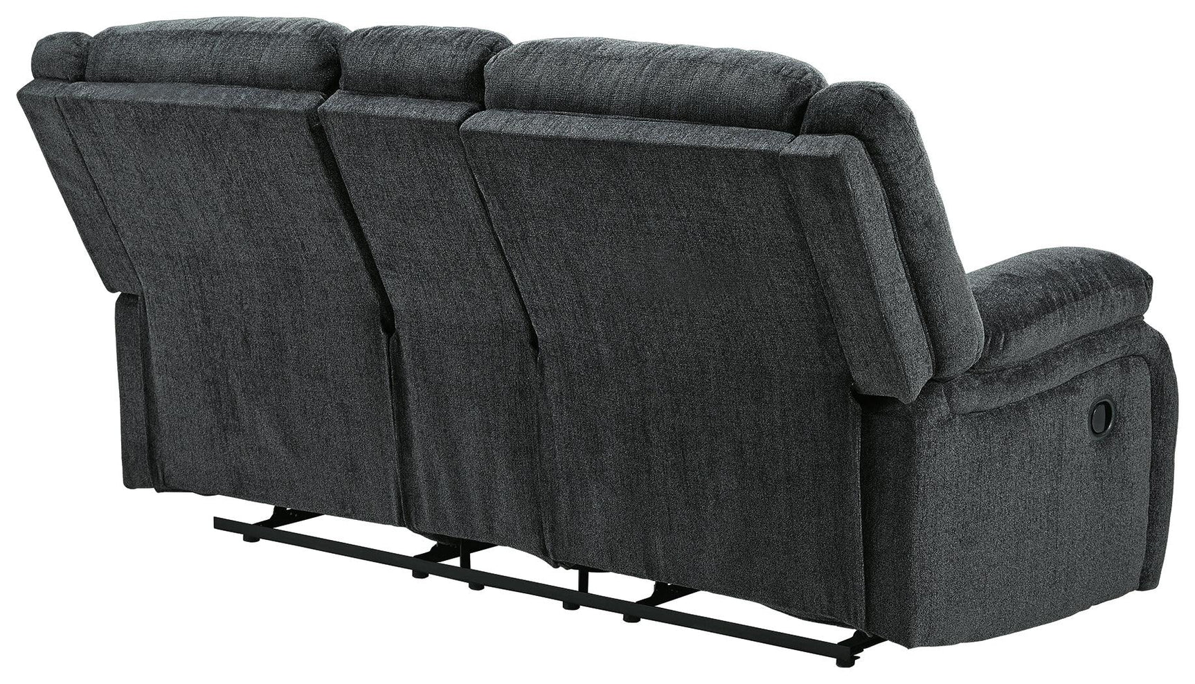Rear view of Draycoll Slate Reclining Loveseat with bustle back