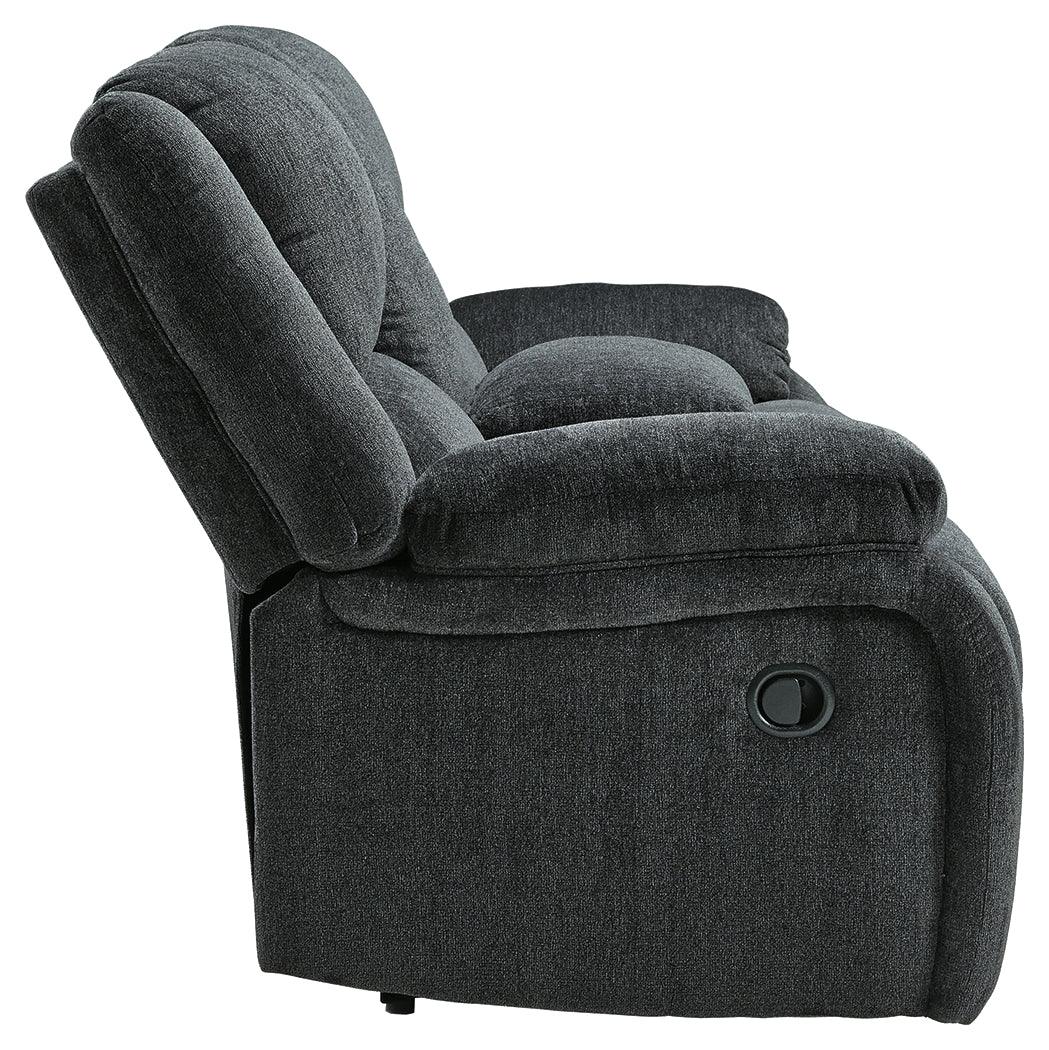 Side profile of Draycoll Slate Chenille Reclining Loveseat