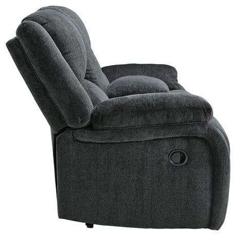 Side profile of Draycoll Slate Chenille Reclining Loveseat