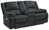 Draycoll Slate Chenille Power Reclining Loveseat with console open angle view showing recliner