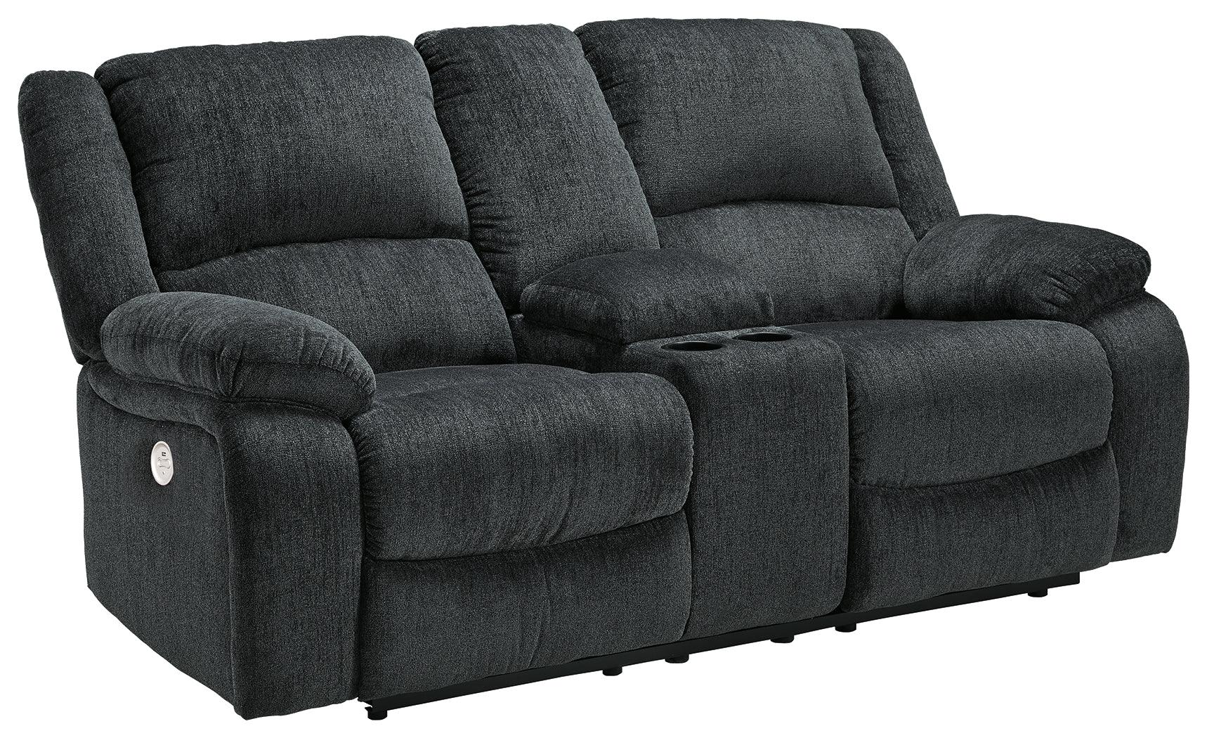 Draycoll Slate Chenille Power Reclining Loveseat with console open angle view showing recliner
