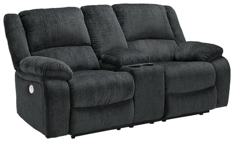 Draycoll Slate Chenille Power Reclining Loveseat with console open angle view showing recliner