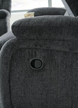 close-up of recliner release mechanism on Draycoll Slate Chenille Recliner
