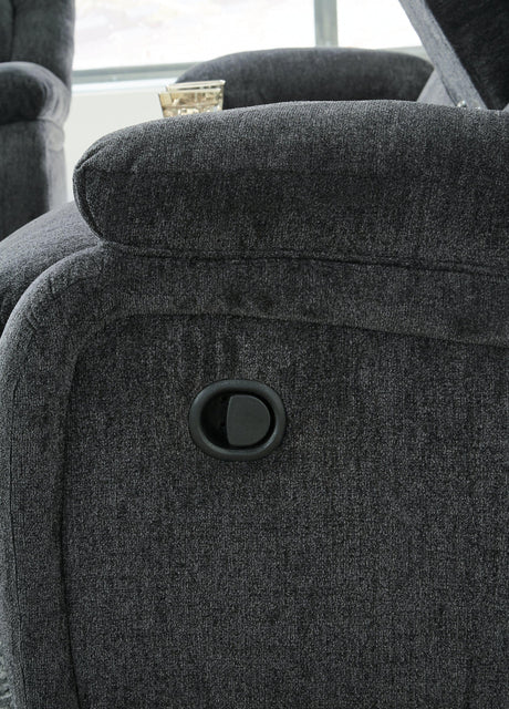close-up of recliner release mechanism on Draycoll Slate Chenille Recliner