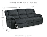 Draycoll Slate Chenille Reclining Sofa with dimension diagram