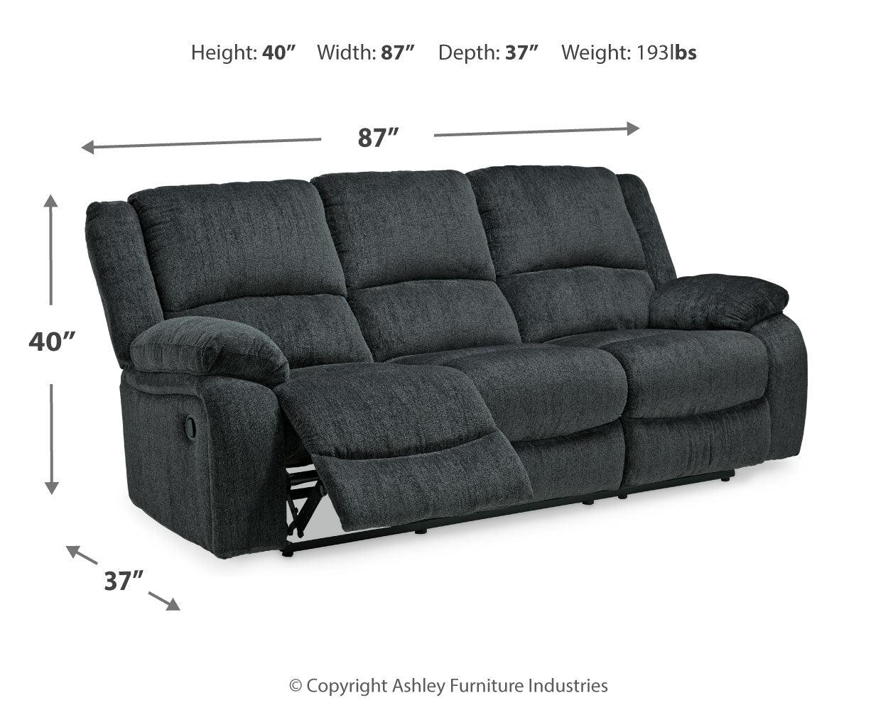 Draycoll Slate Chenille Reclining Sofa with dimension diagram
