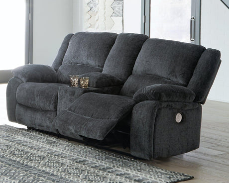 Draycoll Slate Chenille Power Reclining Loveseat with console closed angle view
