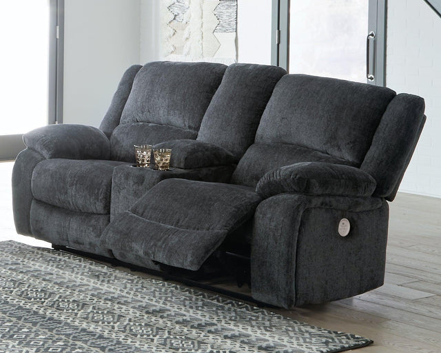 Draycoll Slate Chenille Power Reclining Loveseat with console closed angle view