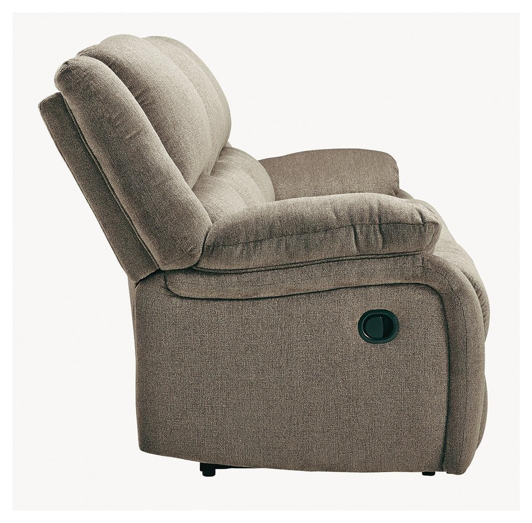 Draycoll Slate Chenille Reclining Sofa front angled reclined