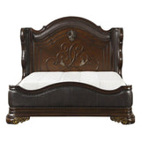 Royal Highlands brown faux leather upholstered queen panel bed, front angle