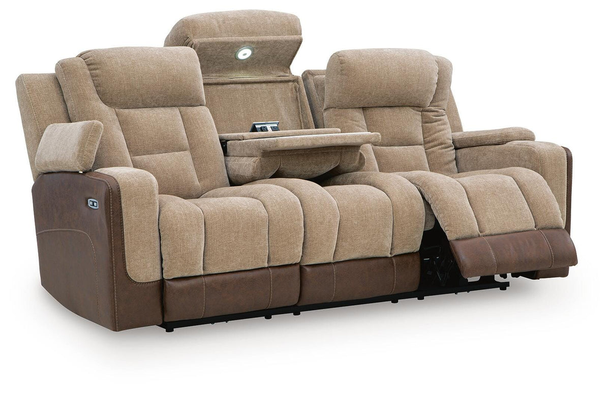 Mixed Motion Brownstone Chenille / Faux Leather Power Reclining Sofa — angled view
