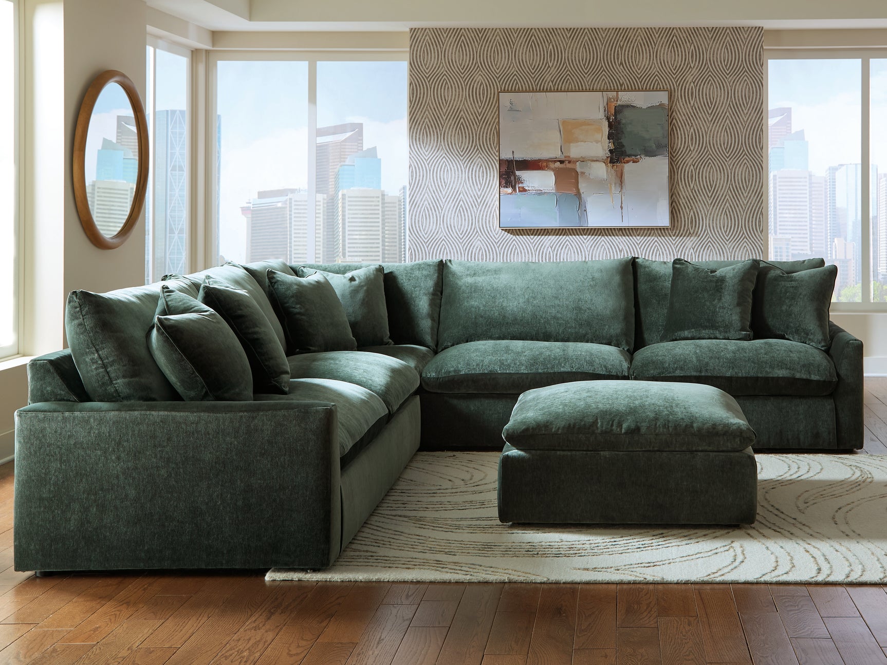 Close-up detail of jade velvet upholstery on sectional sofa