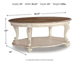 Realyn White/Brown Coffee Table with 2 End Tables — dimension illustration