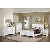 Angled view of Mayville White Sleigh Queen Bed showcasing white lacquer finish