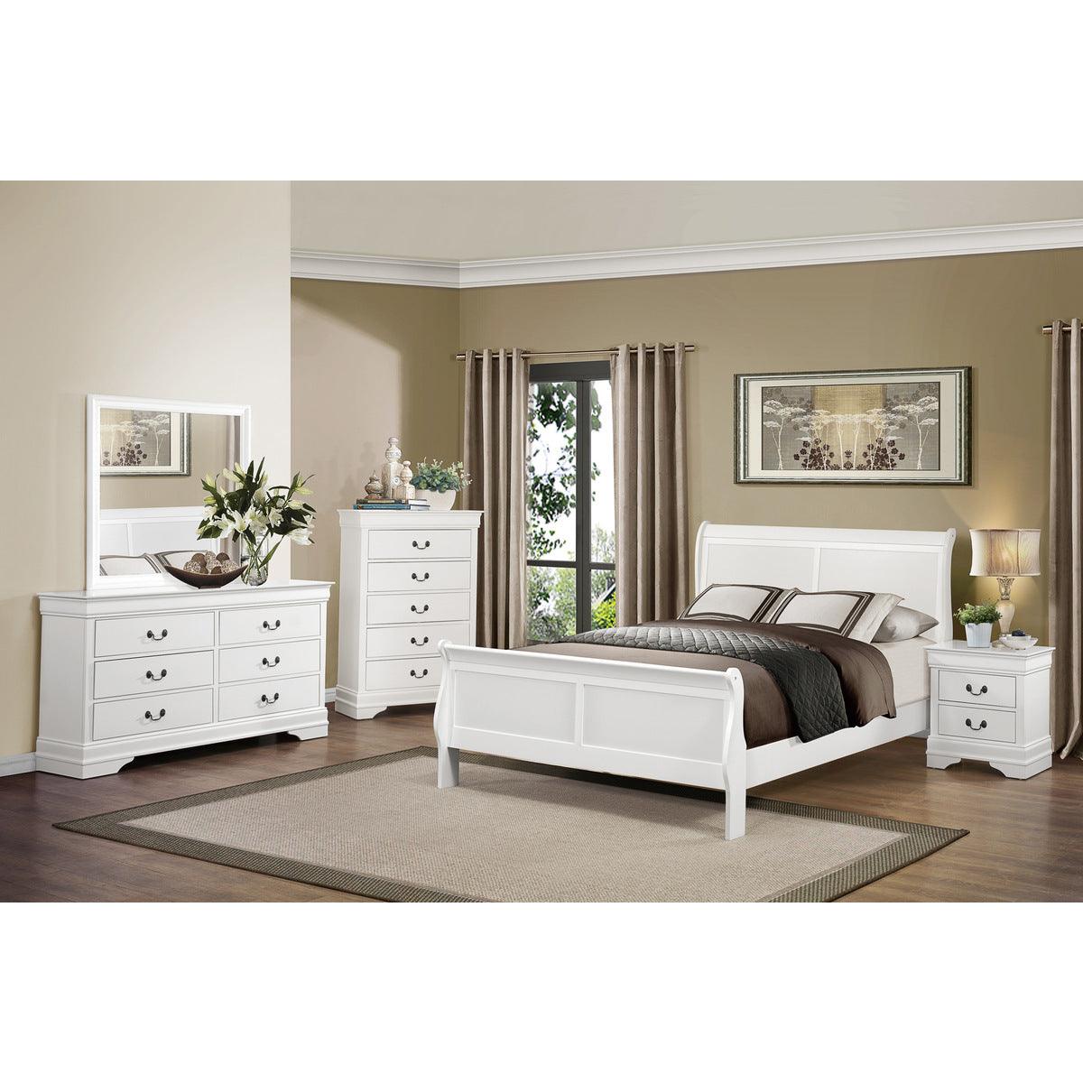 Angled view of Mayville White Sleigh Queen Bed showcasing white lacquer finish