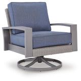 Half Blue/Gray Moon Beach Outdoor Sofa with 2 Lounge Chairs — angled view