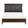 Cotterill king panel bed in dark cherry wood with black tufted faux leather headboard front view