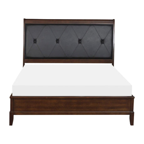 Cotterill king panel bed in dark cherry wood with black tufted faux leather headboard front view