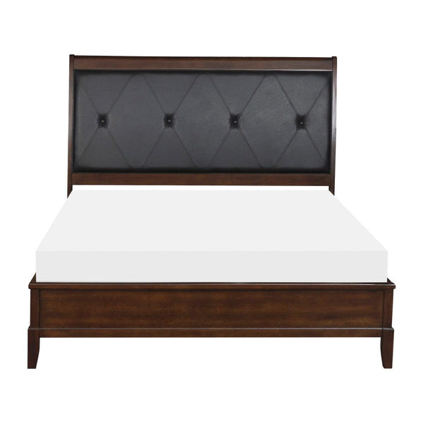 Cotterill king panel bed in dark cherry wood with black tufted faux leather headboard front view