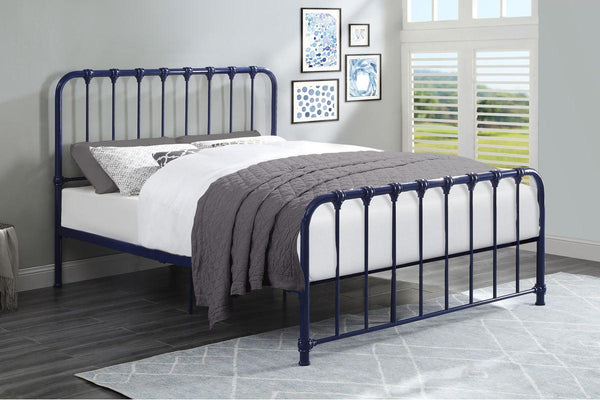 Classic rounded profile of Bethany Blue full metal platform bed