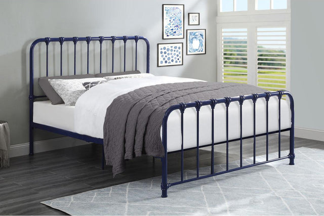Classic rounded profile of Bethany Blue full metal platform bed