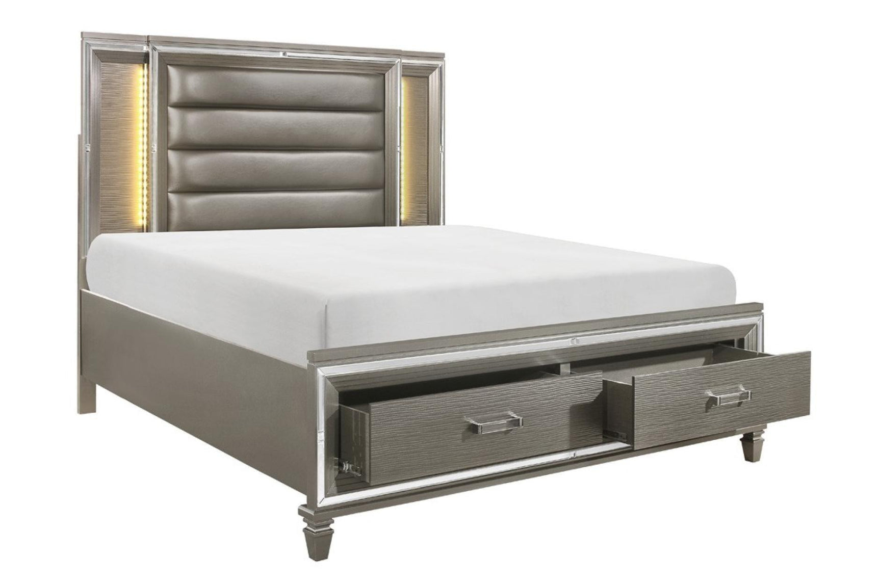 Side view of Tamsin Silver Gray Faux Leather LED Storage Platform Bedroom Set bed