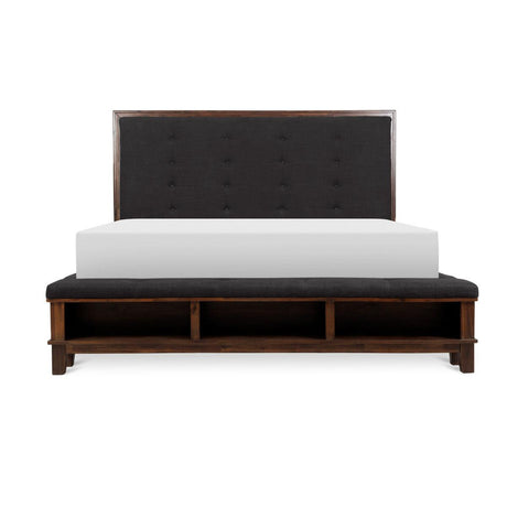 Brown tufted upholstered king panel bed angled view