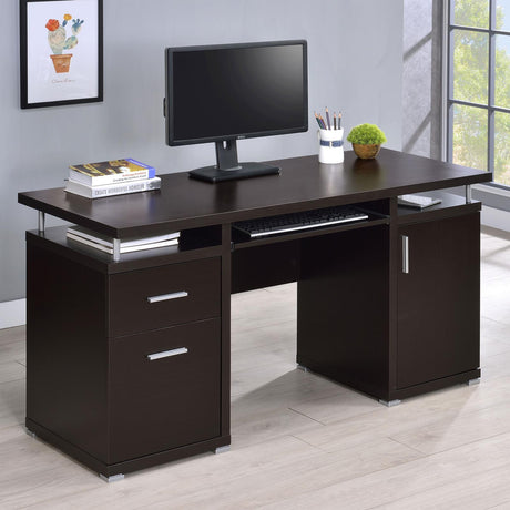 Tracy Cappuccino Office Desk front view showing cappuccino finish and glass top