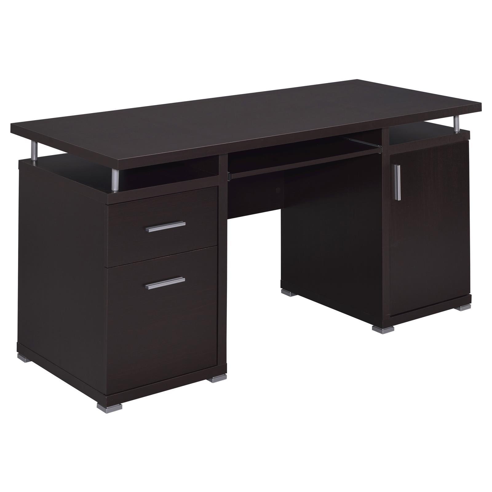 Tracy Cappuccino Office Desk side angle displaying storage drawers and keyboard tray