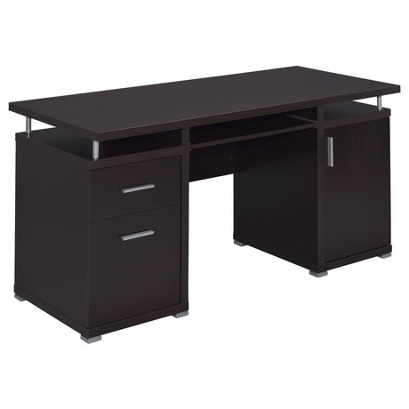 Tracy Cappuccino Office Desk side angle displaying storage drawers and keyboard tray