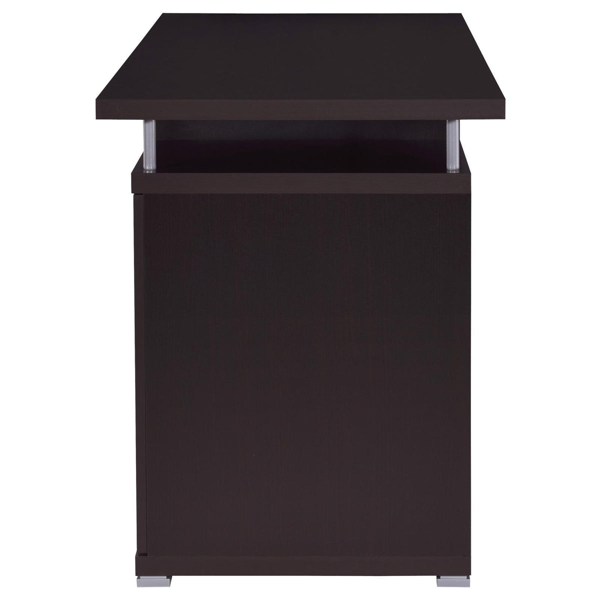 Tracy Cappuccino Desk showing adjustable shelf inside cabinet