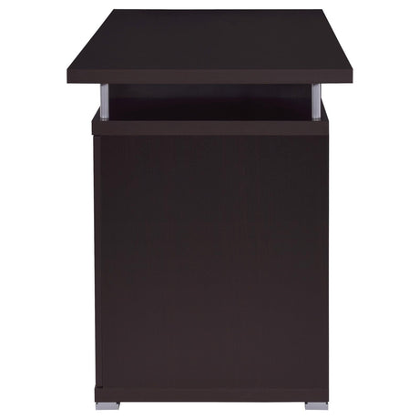Tracy Cappuccino Desk showing adjustable shelf inside cabinet