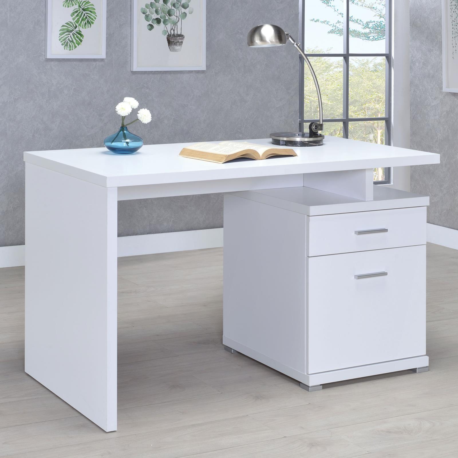 Irving White Office Desk front view with drawers