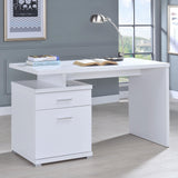 Side angle of Irving White Office Desk showing reversible storage