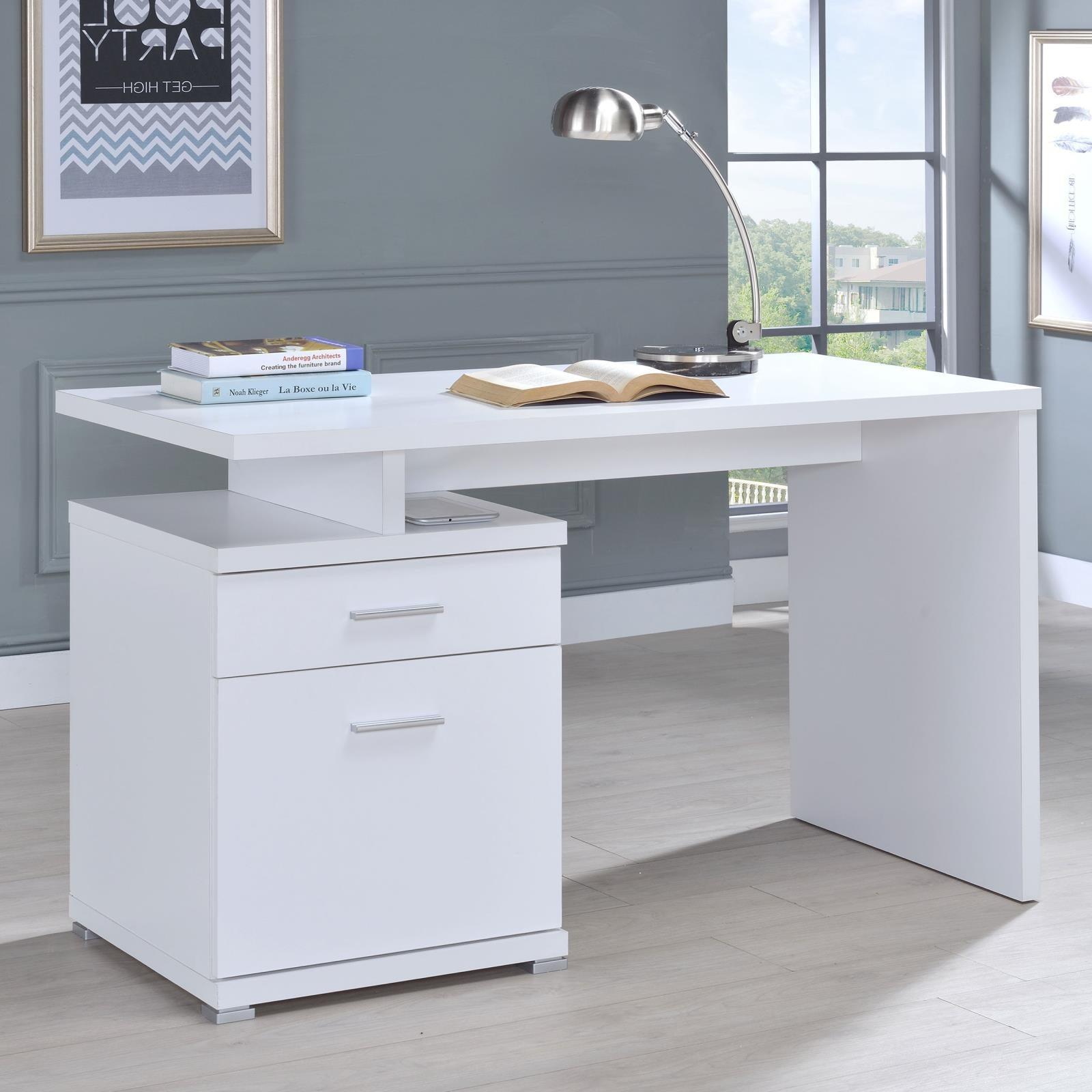 Side angle of Irving White Office Desk showing reversible storage